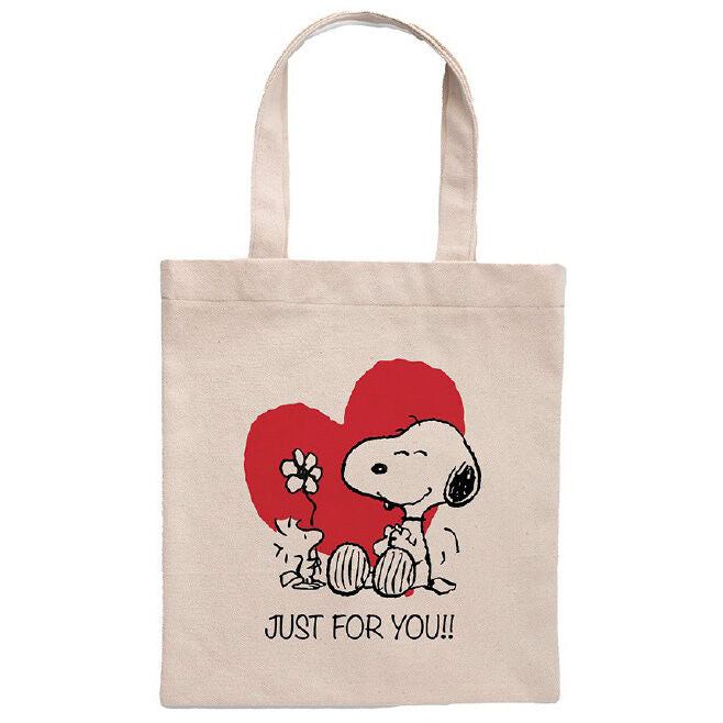 Bolsa tote de algodón Snoopy con corazón rojo y mensaje Just For You