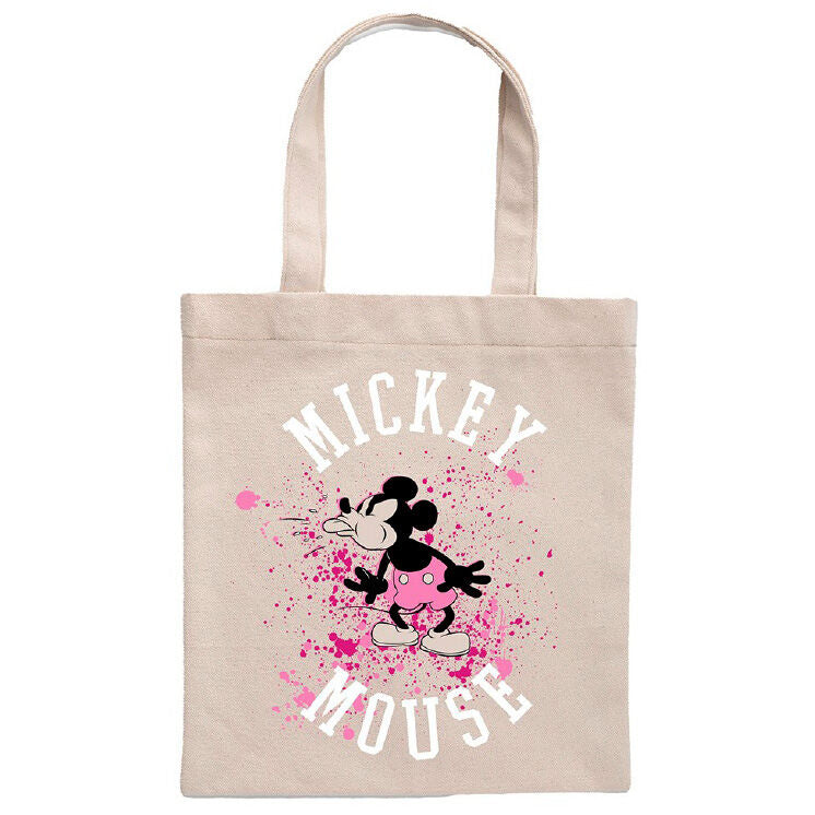 Bolsa tote beige de algodón con estampado de Mickey Mouse en rosa y blanco
