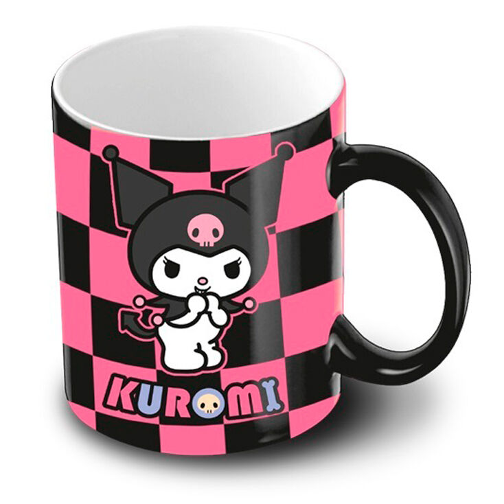 Taza de cerámica Kuromi rosa y negra con diseño de cuadros
