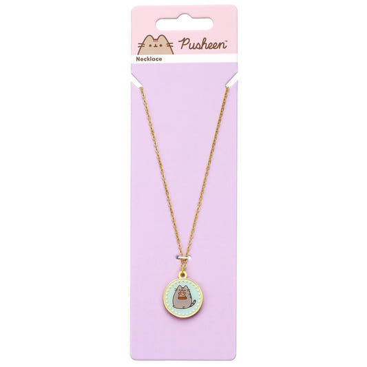 Colgante Pusheen con pizza, medallón azul y cadena dorada - 2