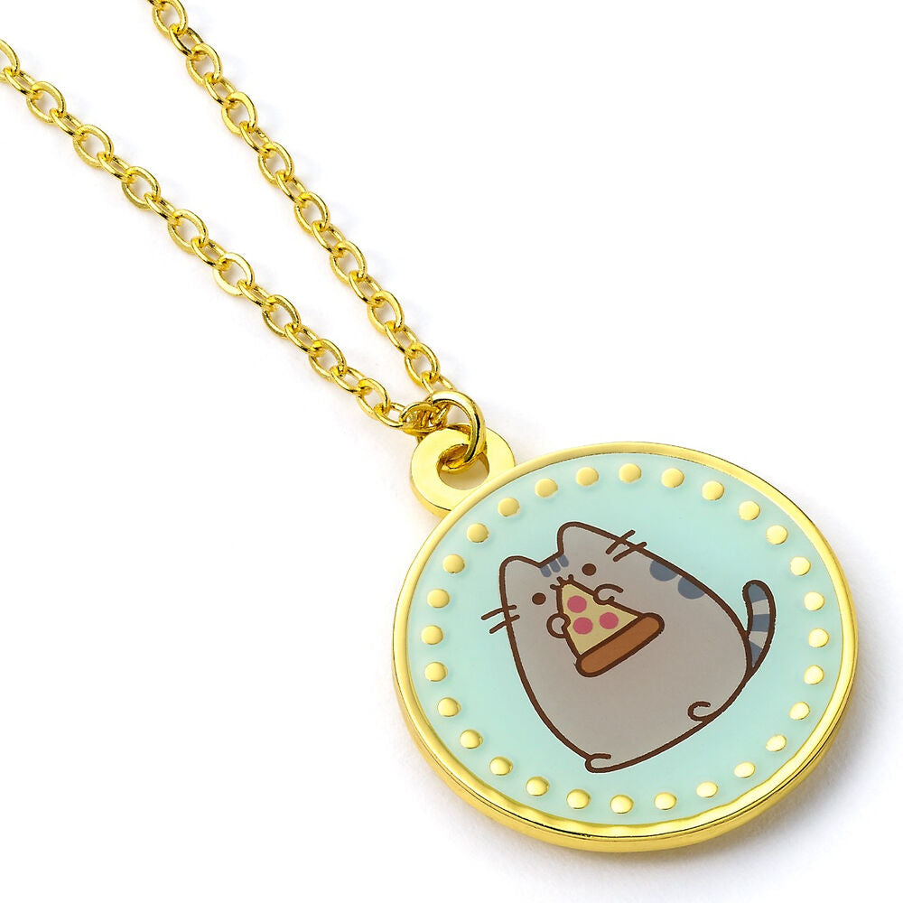 Colgante Pusheen con pizza, medallón azul y cadena dorada - 4