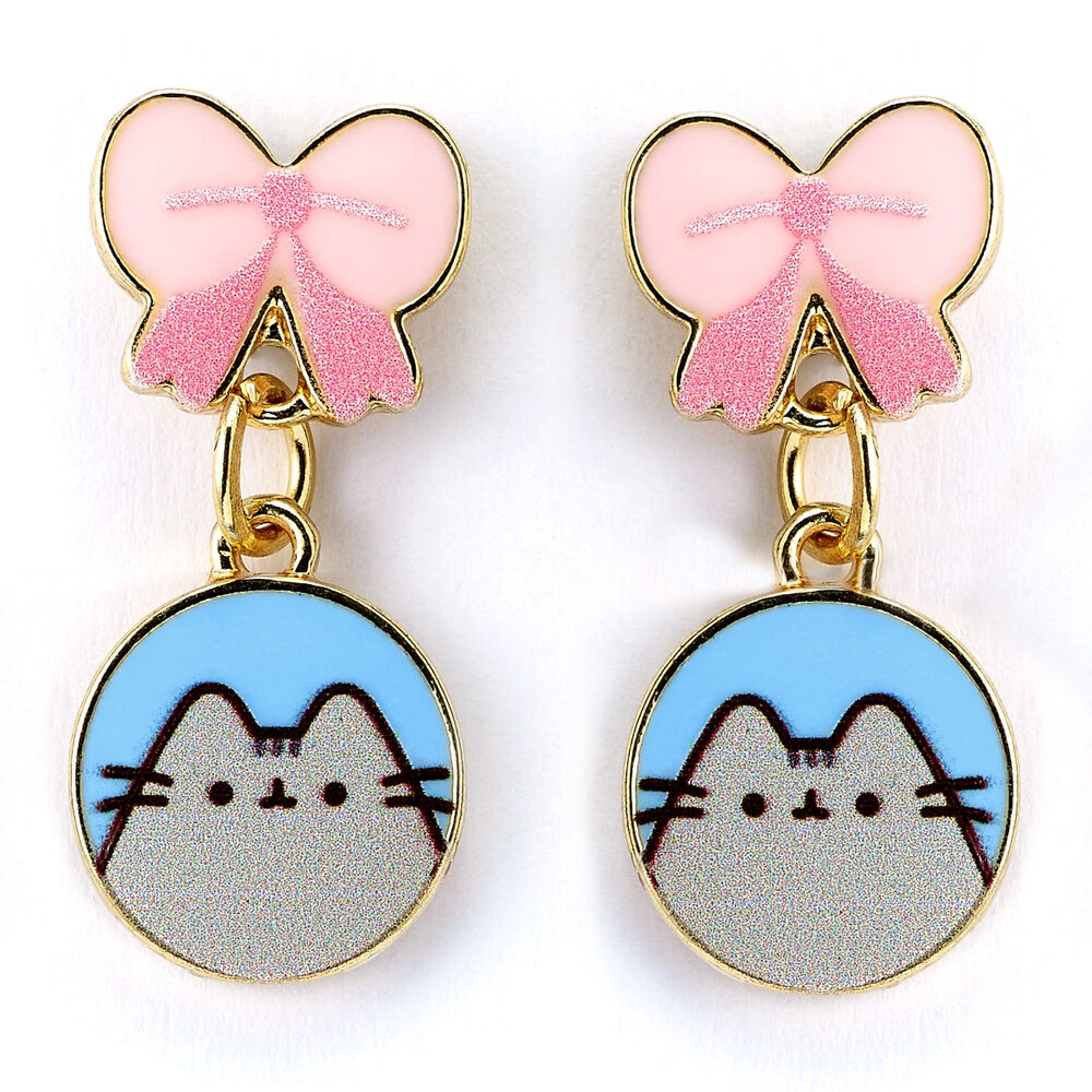 Pendientes colgantes Pusheen con lazos rosas y medallones dorados - 2