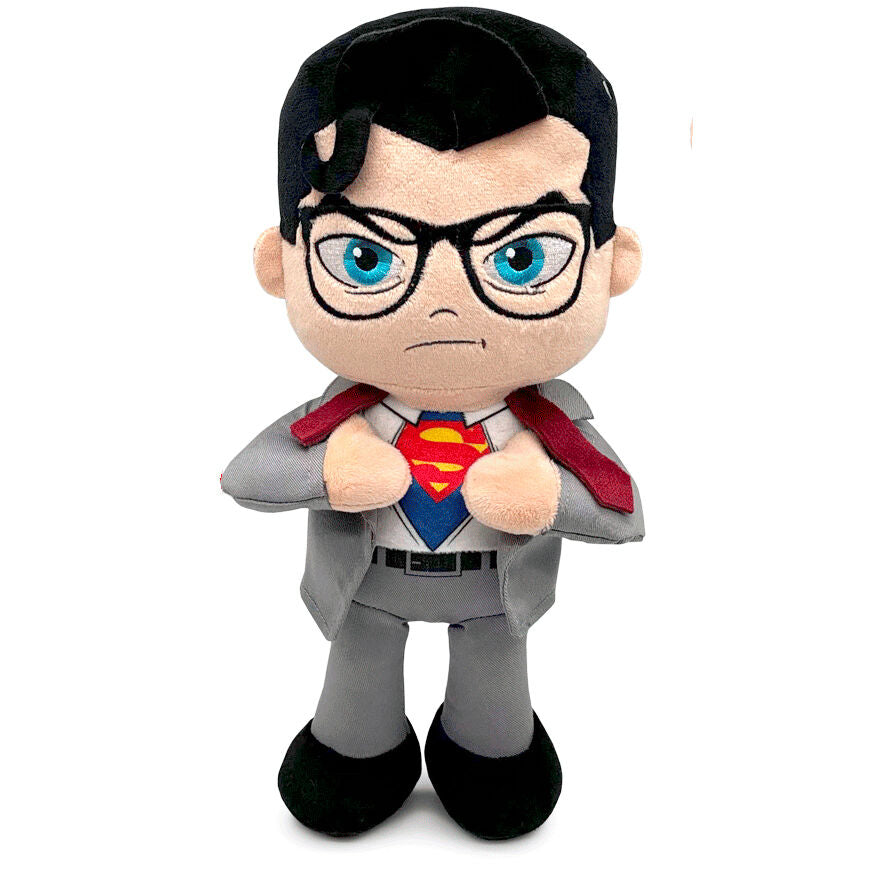 Peluche de Clark Kent como Superman con gafas, traje gris y capa roja