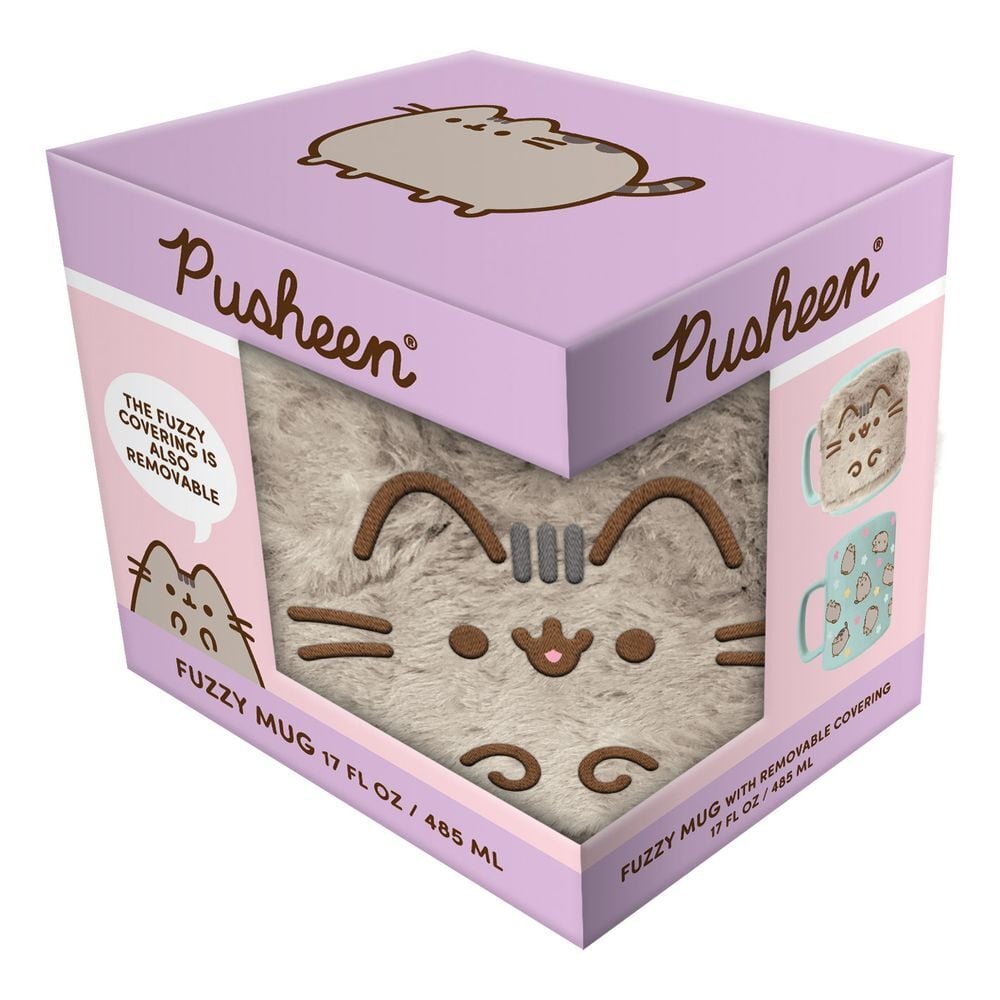 Taza Pusheen de cerámica con funda de peluche gris y asa turquesa - 4