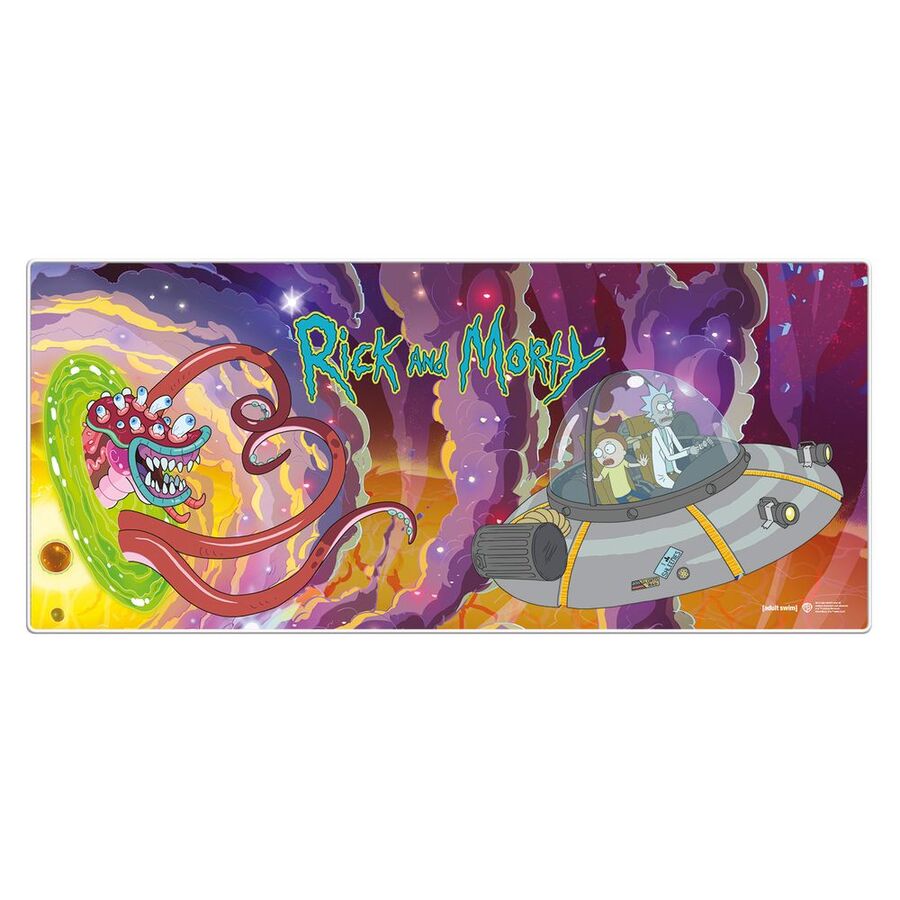 Alfombrilla gaming de Rick and Morty con Rick, Morty y una nave espacial