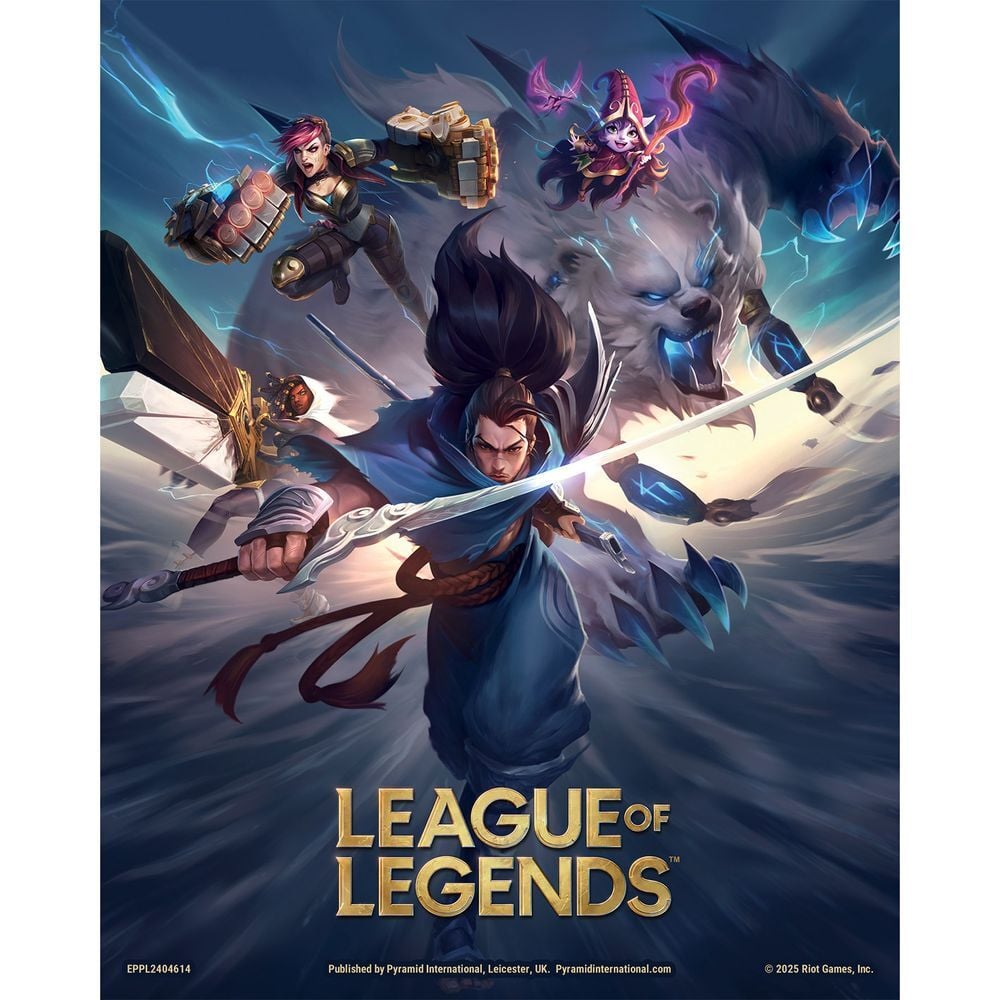 Póster lenticular 3D de League of Legends con varios personajes en combate