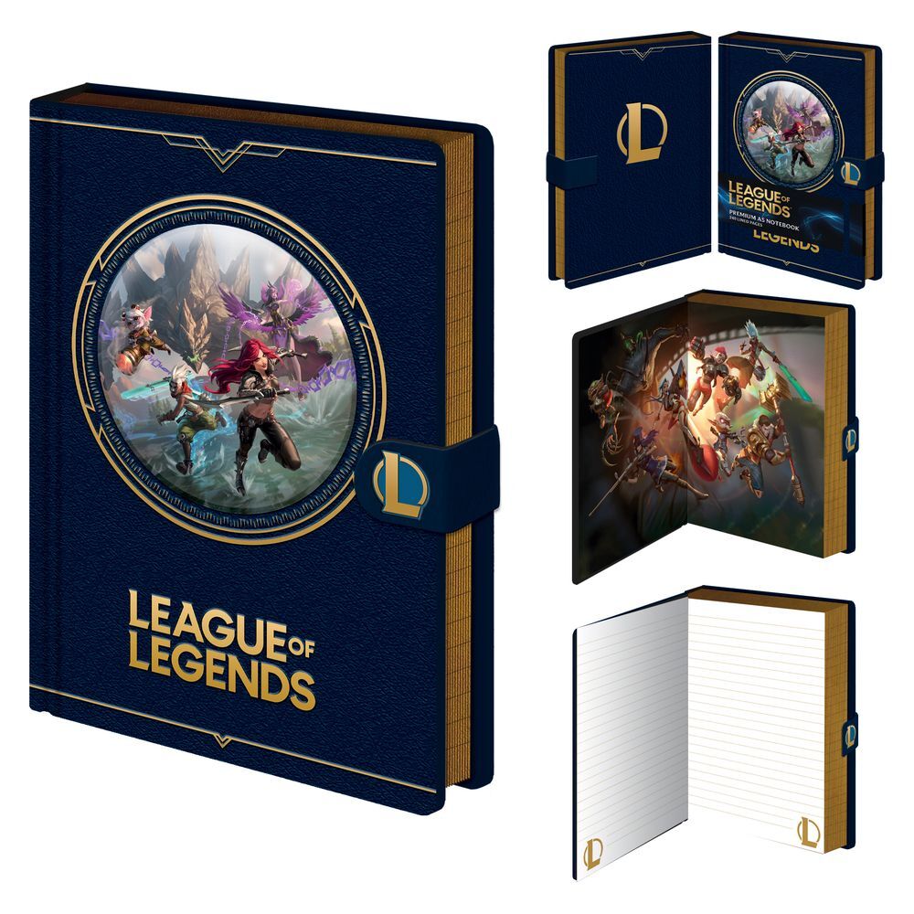 Cuaderno premium azul de League of Legends con detalles dorados y páginas rayadas