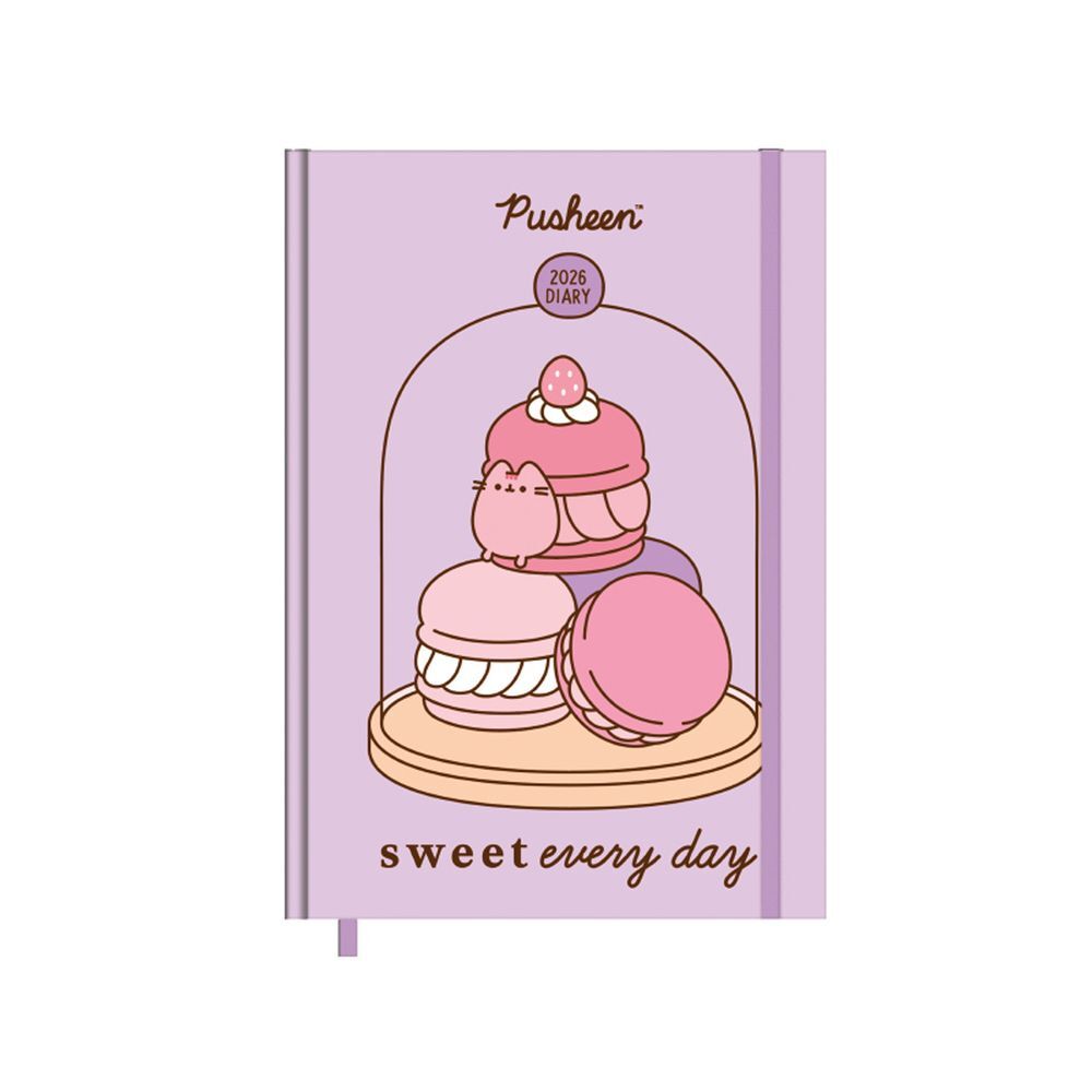 Diario A5 Pusheen 2026 de color lavanda con diseño de macarons