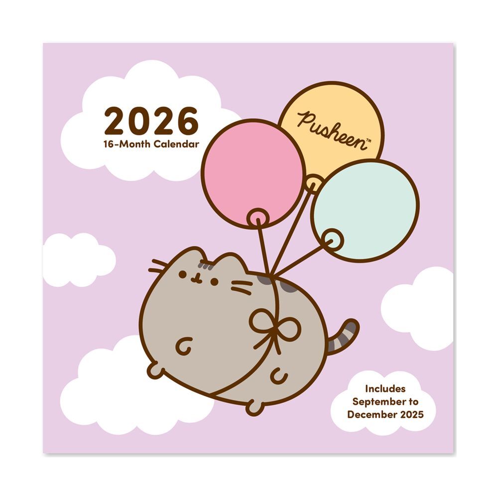 Calendario Pusheen 2025-2026 de 16 meses con globos