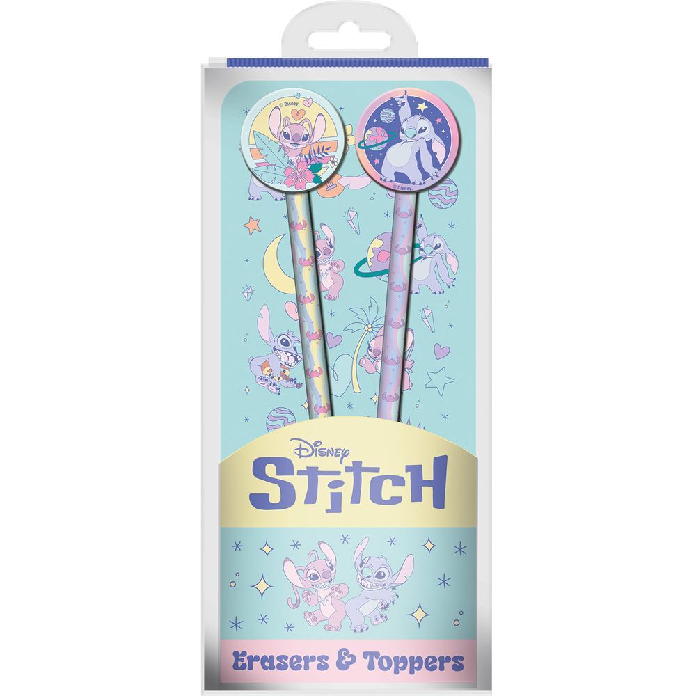 Set de lápices Disney Stitch y Angel con toppers borrador