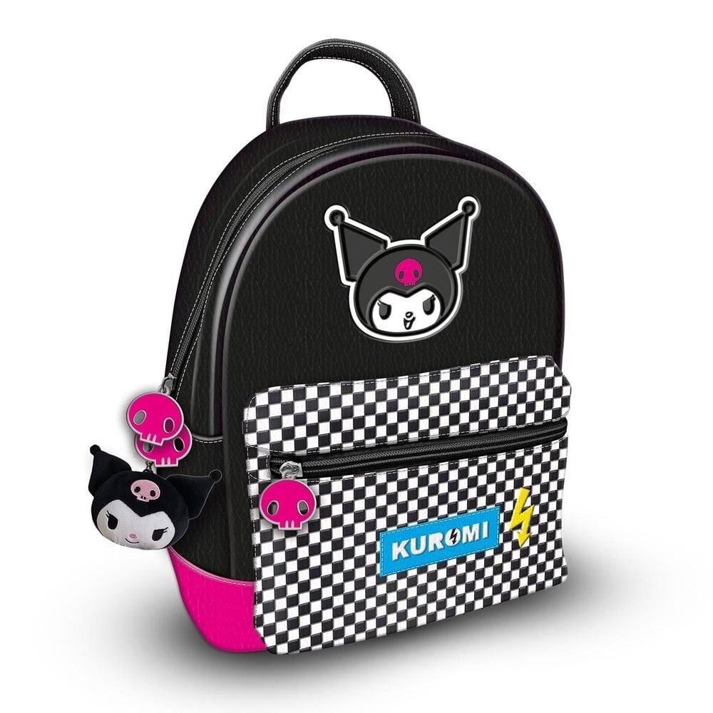 Mochila negra de Kuromi con bolsillo frontal de cuadros
