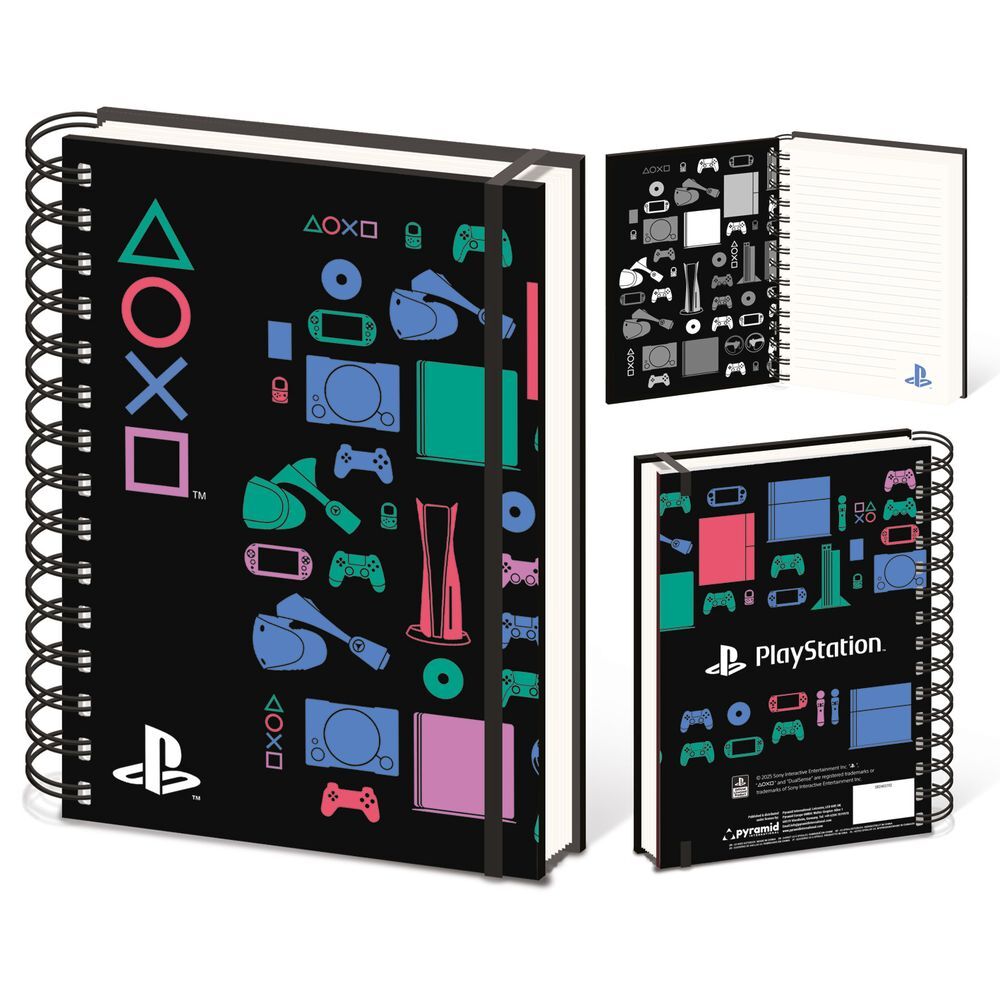 Cuaderno A5 PlayStation negro con espiral y diseño de símbolos y mandos