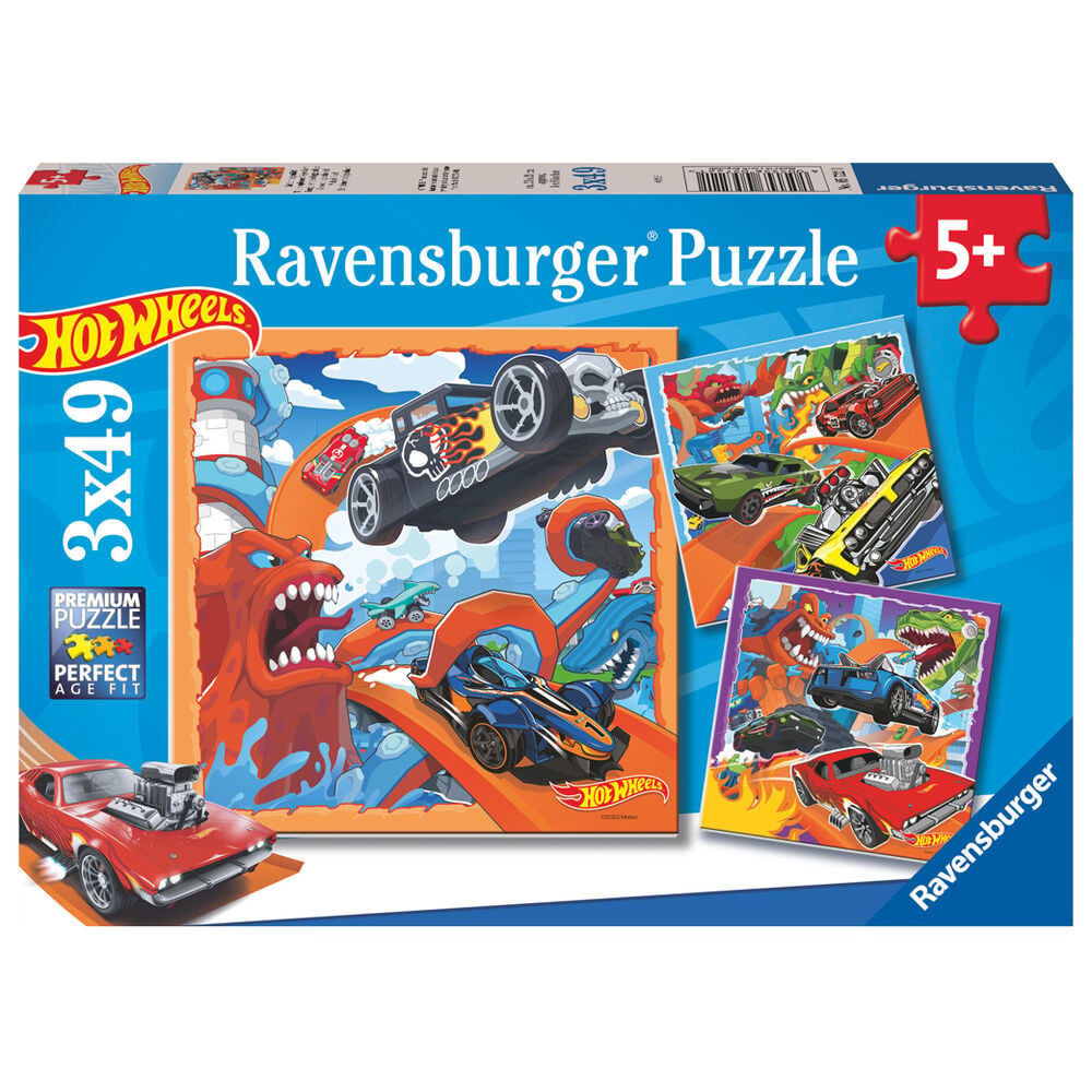Puzzle Ravensburger Hot Wheels de 3 puzzles con coches y dinosaurios