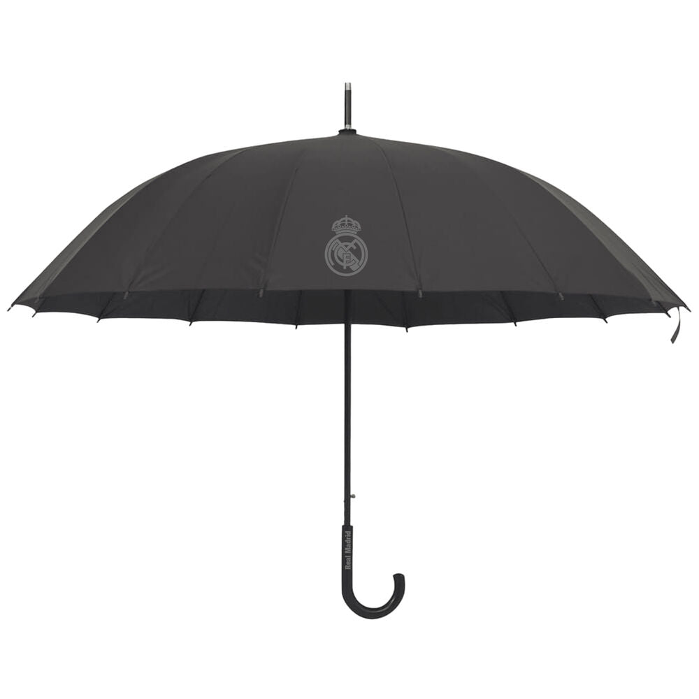 Paraguas negro del Real Madrid de 65 cm con escudo gris y mango curvo