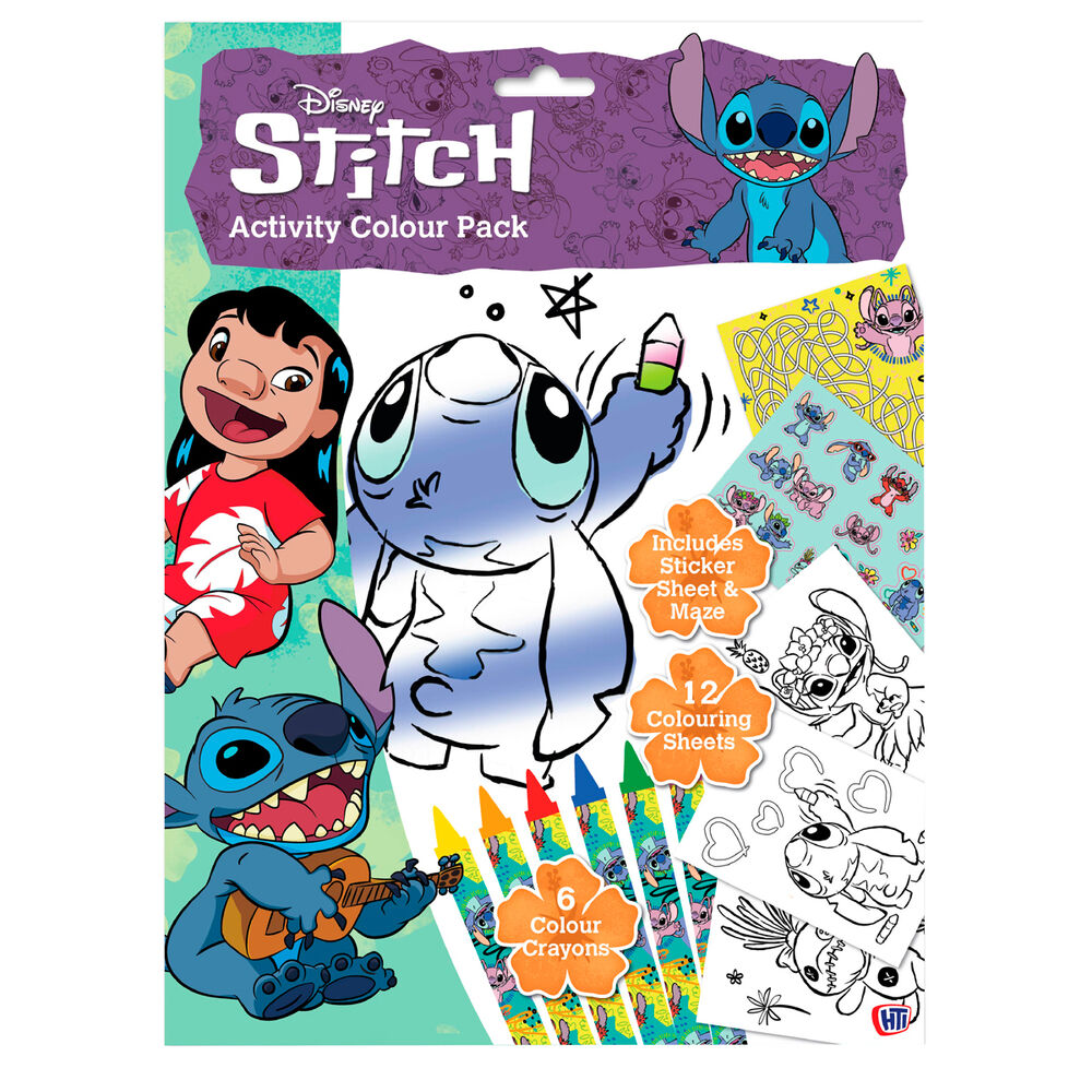 Sobre de actividades Stitch Disney con hojas para colorear, ceras, laberinto y pegatinas