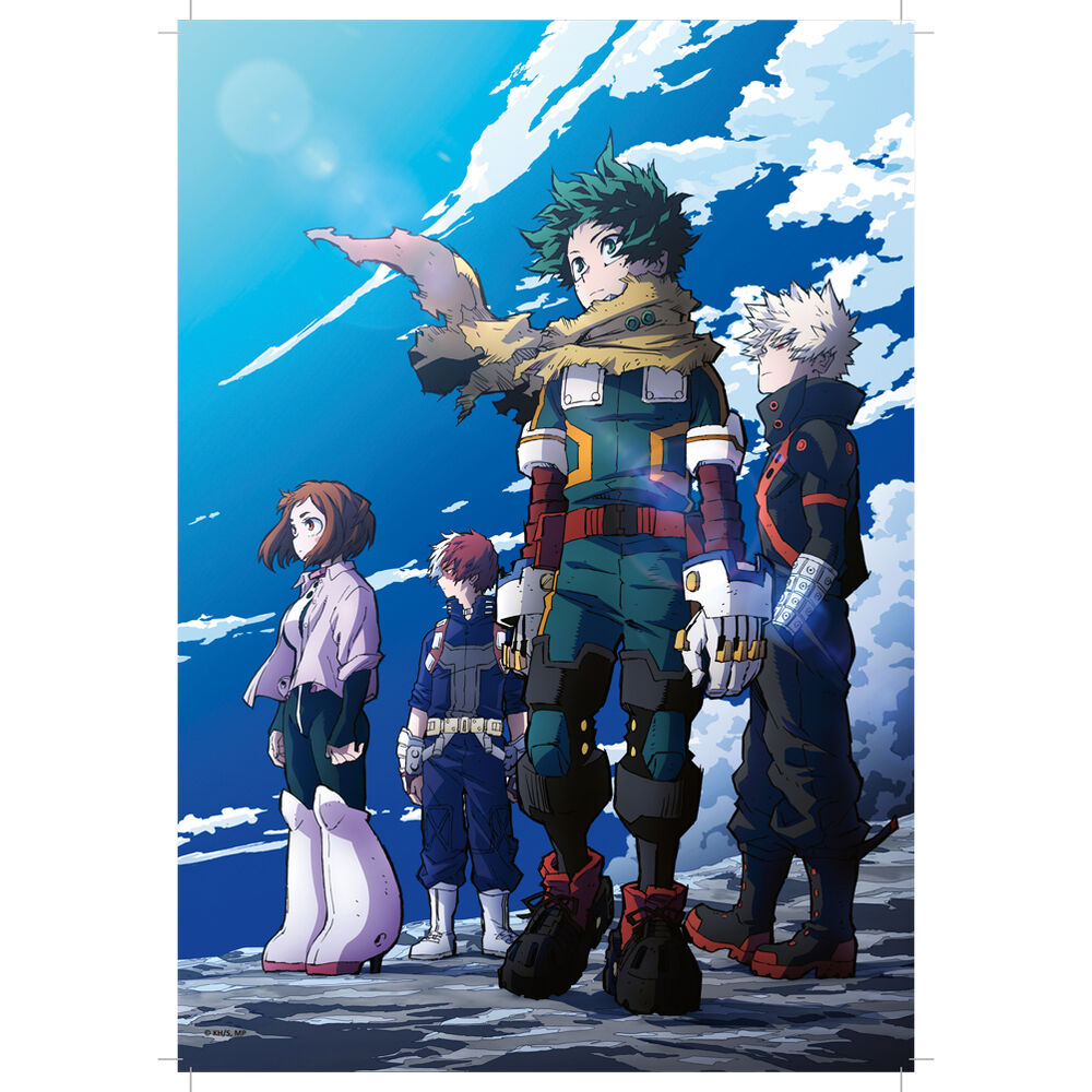 Puzzle My Hero Academia de Ravensburger con varios personajes bajo un cielo azul