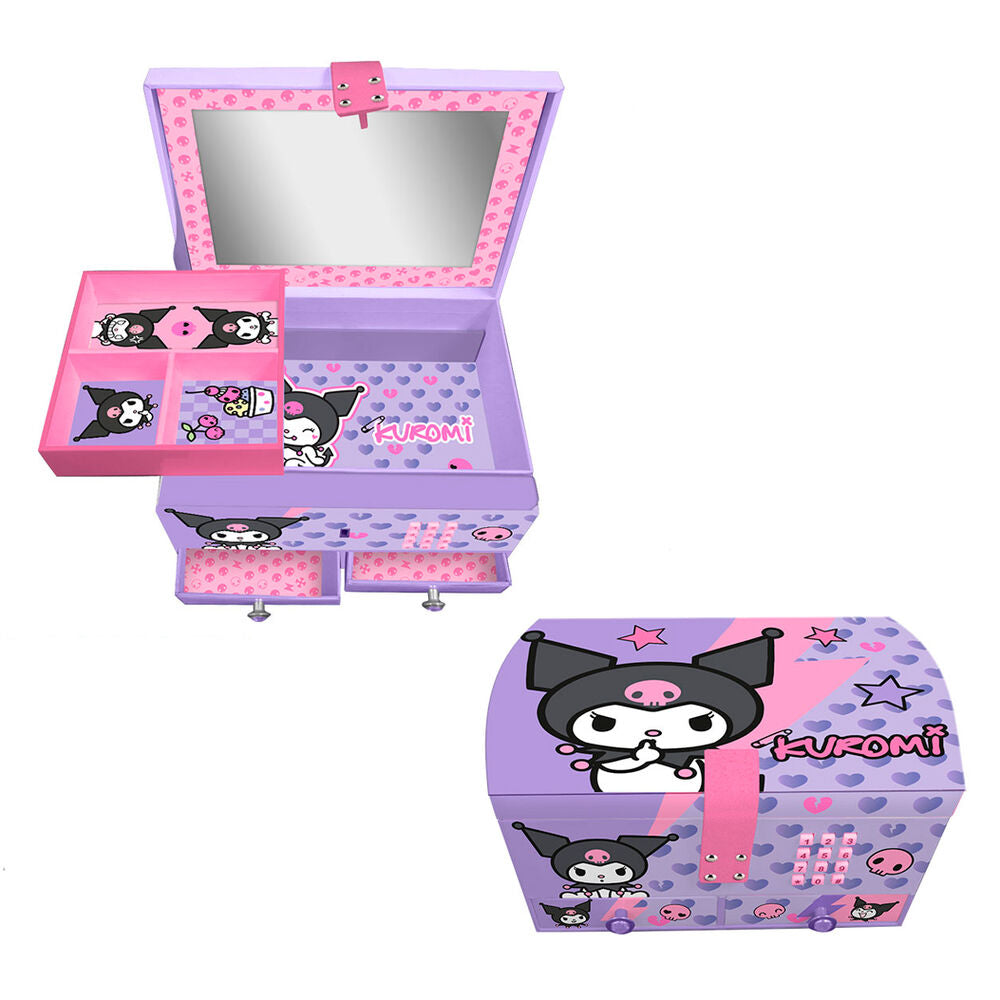 Joyero secreto Kuromi Hello Kitty morado y rosa con espejo y cajones