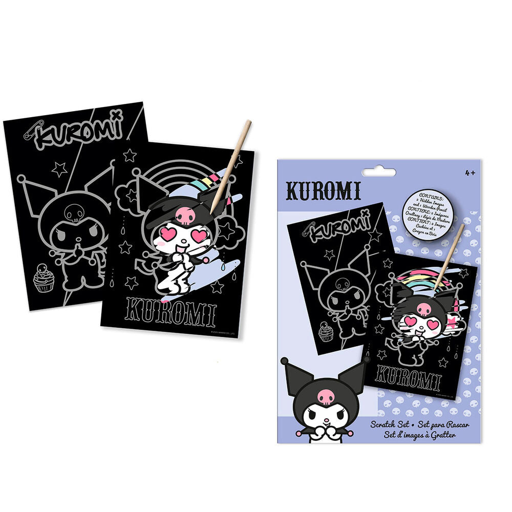 Set Scratch Art Kuromi con dos láminas negras y punzón de madera