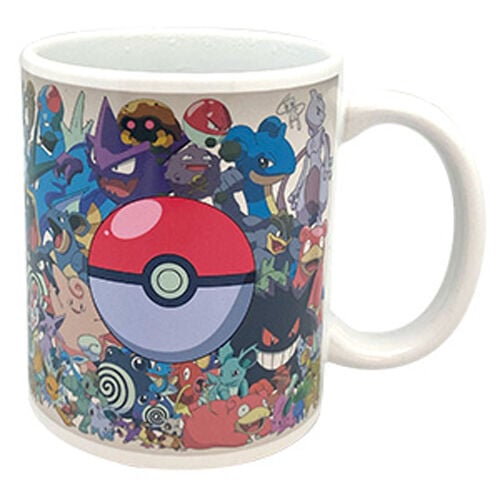 Taza Pokémon blanca con Poké Ball y personajes multicolor