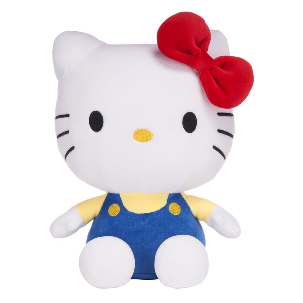 Peluche de Hello Kitty de 25 cm con lazo rojo y vestido azul y amarillo
