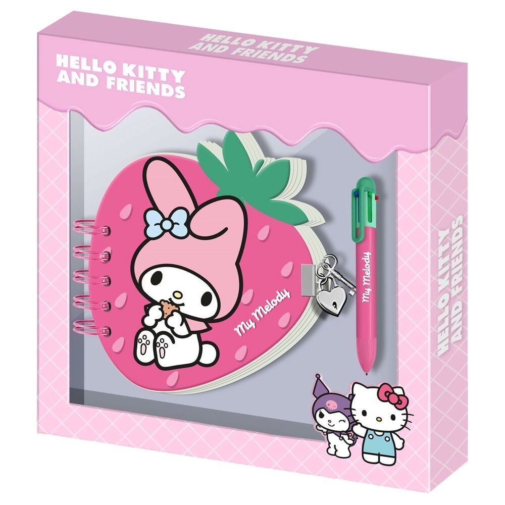 Diario rosa de My Melody con bolígrafo y diseño de fresa
