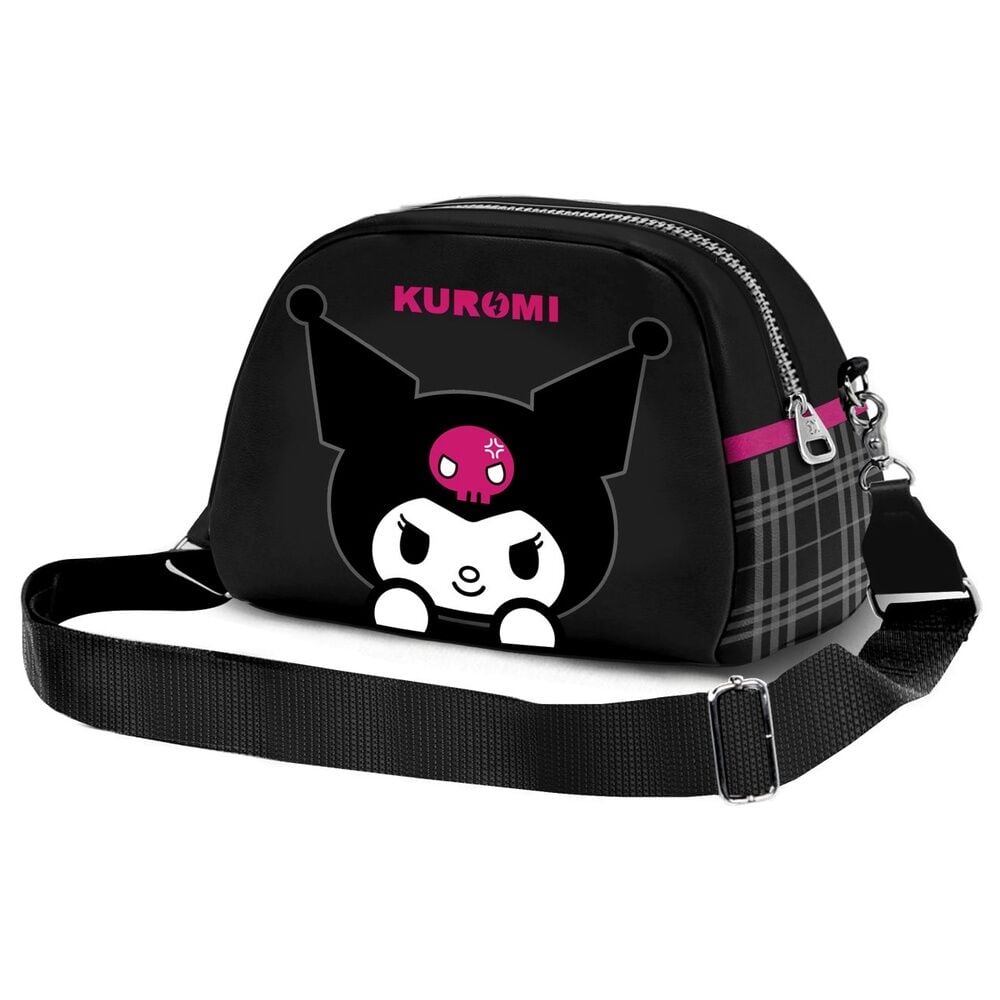 Bolso bandolera negro de Kuromi con diseño Skull y laterales de cuadros