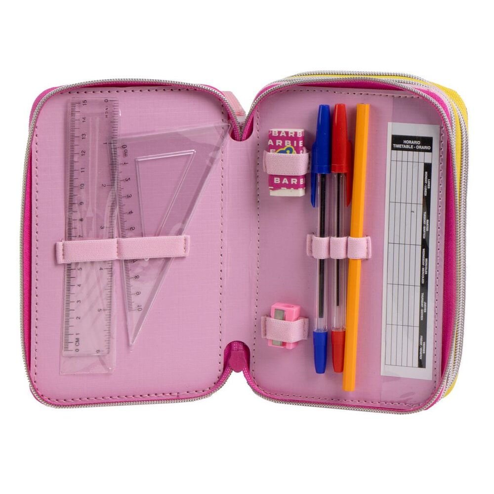 Plumier triple Barbie CERDÁ rosa con material escolar - 5
