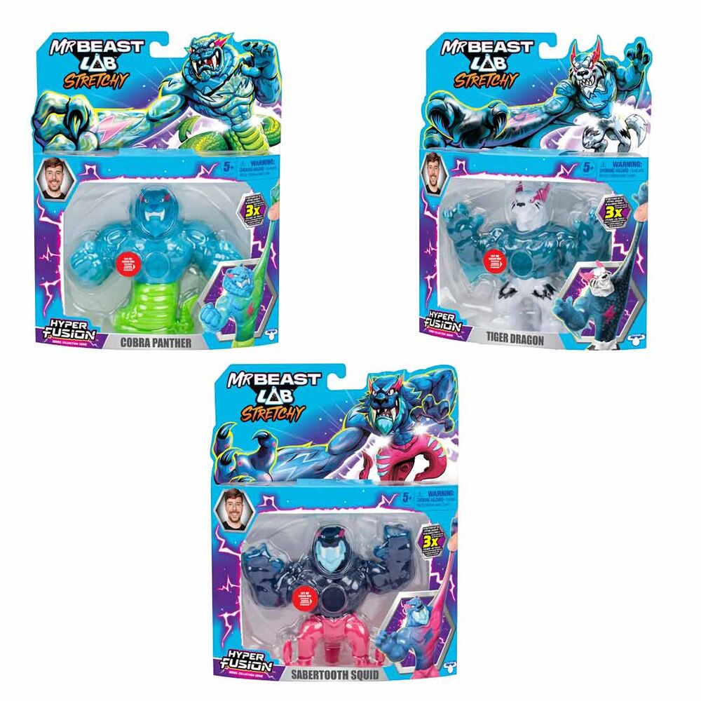 Figuras Stretchy Heroes Mr Beast Lab de MOOSE en variantes Cobra Panther, Tiger Dragon y Sabertooth Squid