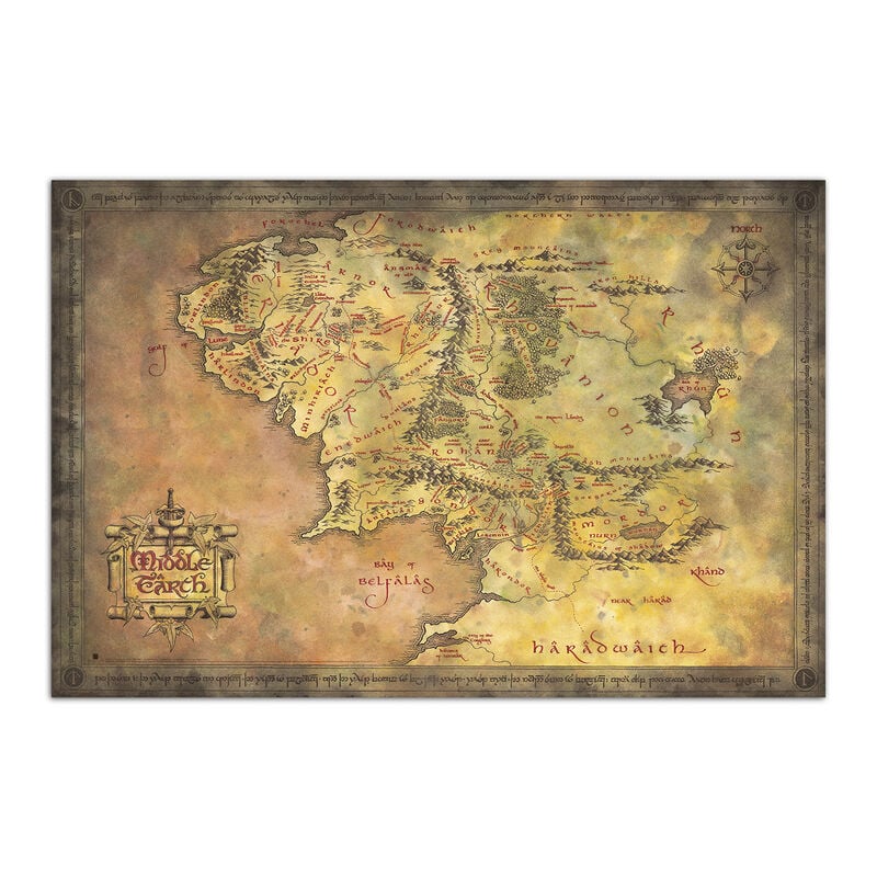 Póster con mapa ilustrado de la Tierra Media de El Señor de los Anillos