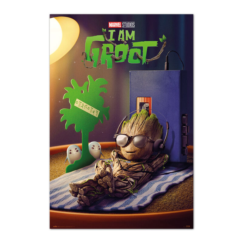 Póster vertical I Am Groot de Marvel con Groot con gafas y auriculares