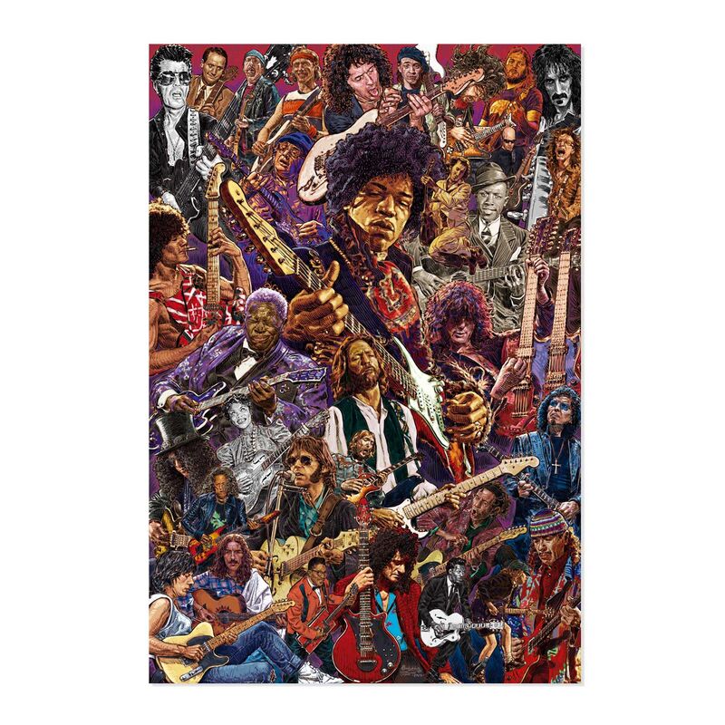Póster vertical Guitarristas Legendarios de ERIK con collage de músicos y guitarras