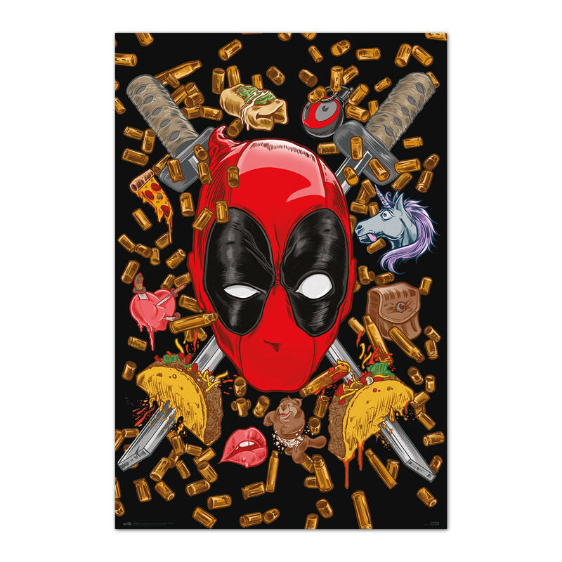 Póster vertical de Deadpool Marvel con espadas sobre fondo negro