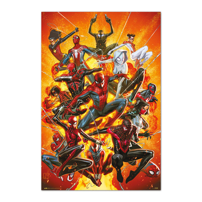 Póster vertical de Spider-Man Marvel con múltiples personajes sobre fondo naranja