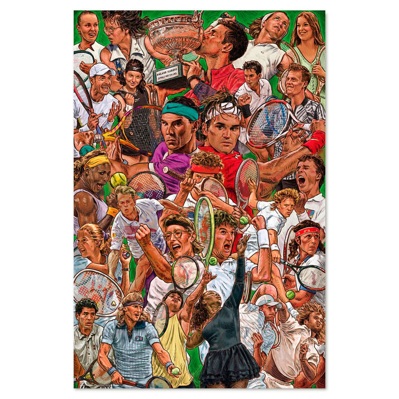 Póster ilustrado Leyendas del Tenis con jugadores, raquetas y trofeo