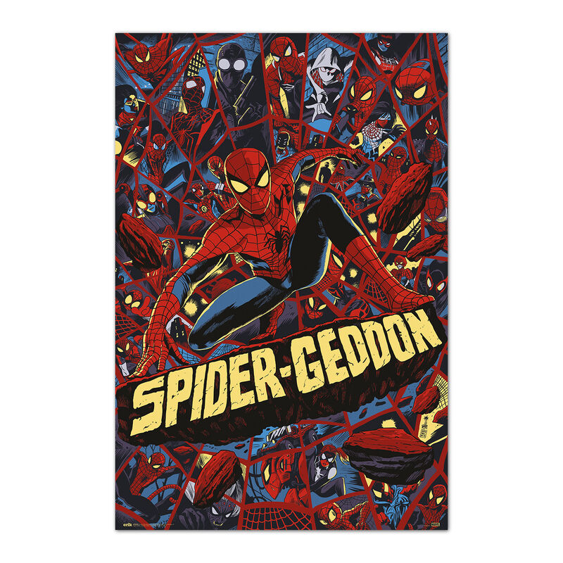 Póster Spider-Geddon de Spider-Man Marvel con múltiples personajes arácnidos