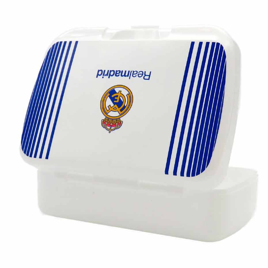 Fiambrera sandwichera Real Madrid blanca con franjas azules y cierre de seguridad - 2