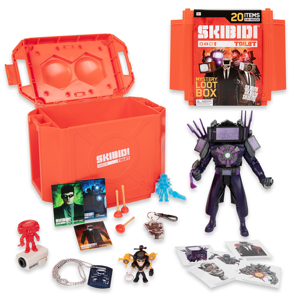 Set contenedor naranja Skibidi Toilet con figura morada de 30 cm y accesorios