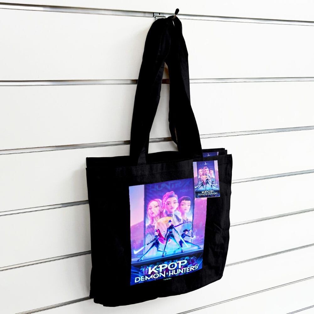 Bolsa tote negra de KPop Demon Hunters con ilustración de las guerreras K-pop - 3
