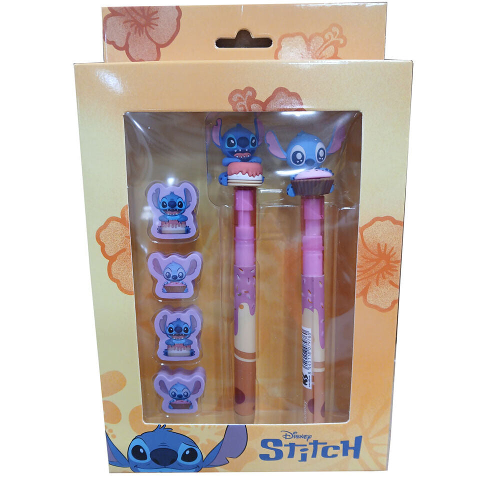 Set de papelería Stitch Disney con bolígrafo, lápiz y cuatro gomas
