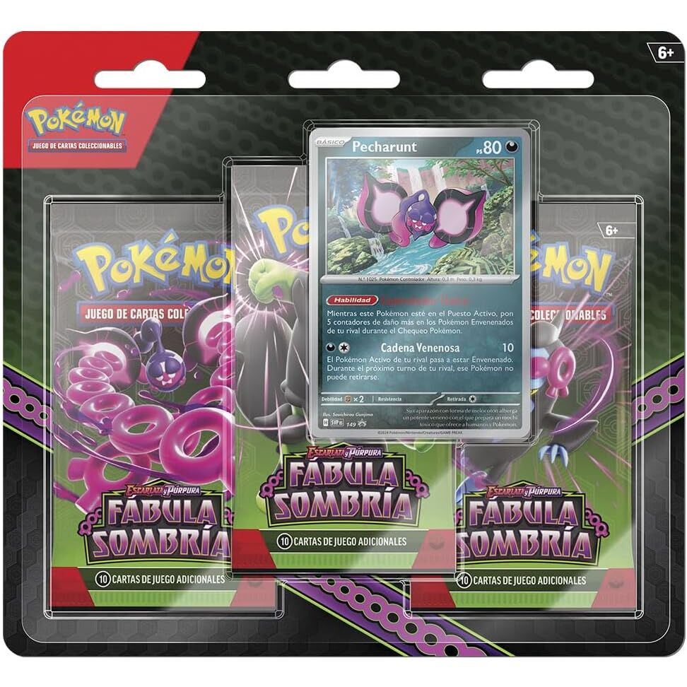 Blíster Pokémon Fábula Sombría con tres sobres y carta de Pecharunt - 3