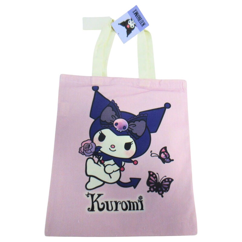 Bolsa tote rosa de algodón con diseño de Kuromi y mariposas