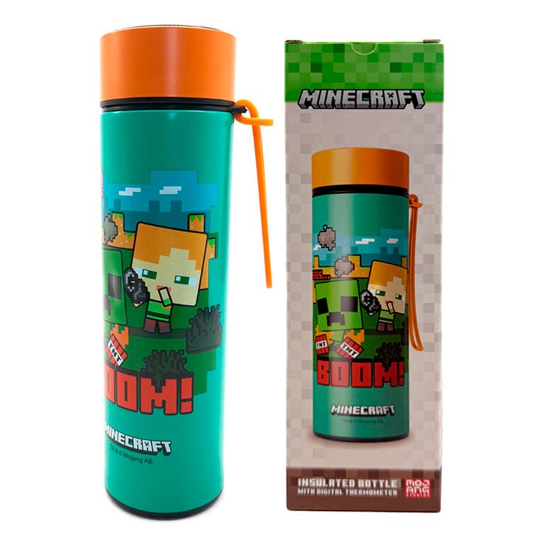 Botella térmica Minecraft verde con tapa naranja y termómetro digital