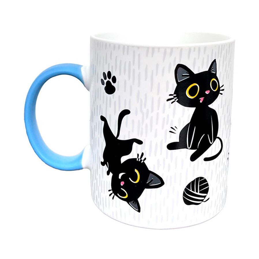 Taza Pusheen de porcelana con gatos negros y asa azul