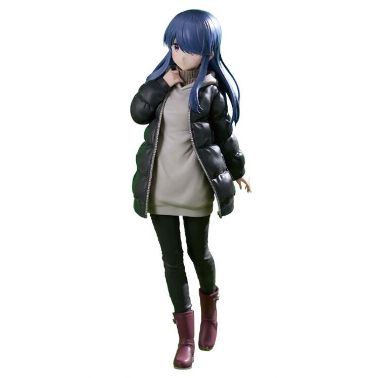 Figura de Rin Shima de Laid Back Camp con chaqueta negra y botas burdeos