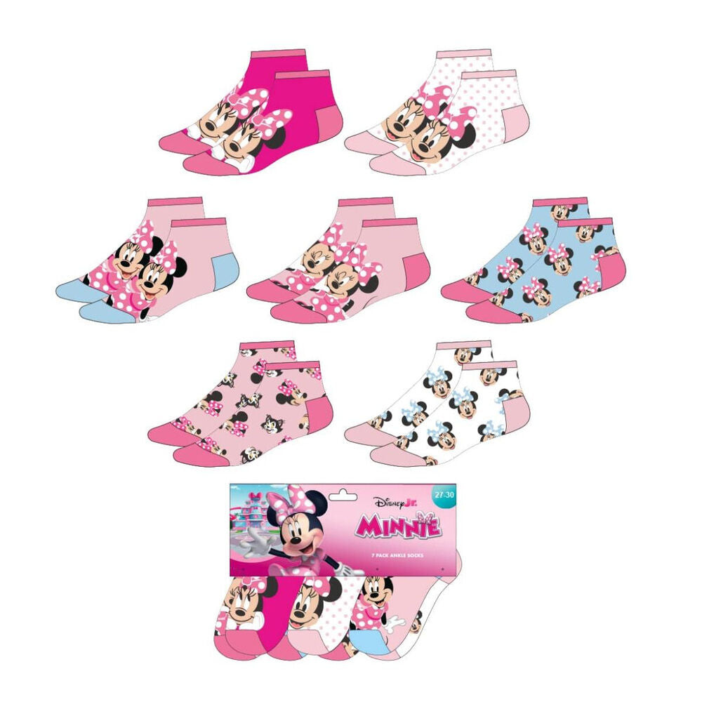 Set de 7 pares de calcetines Minnie Disney en rosa, blanco y azul