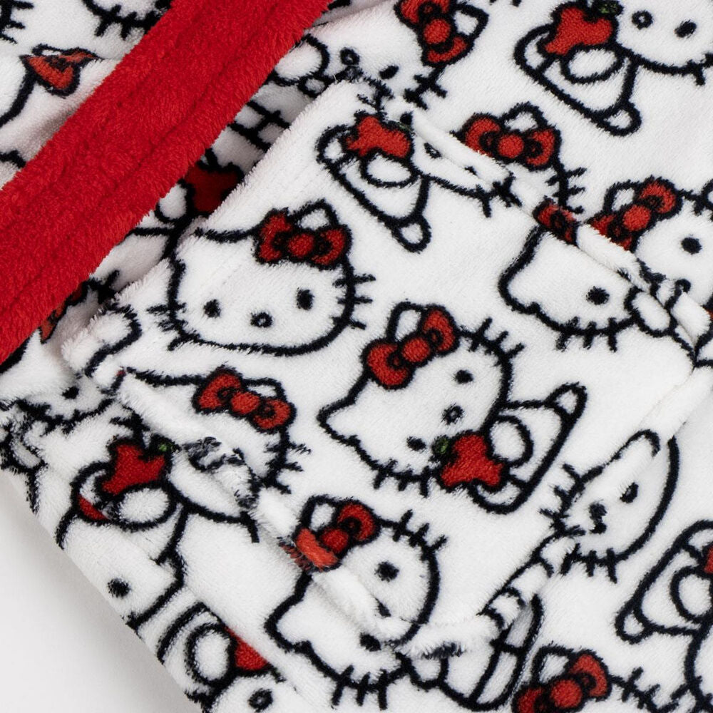 Bata blanca de Hello Kitty con capucha de orejas, estampado integral y cinturón rojo - 5