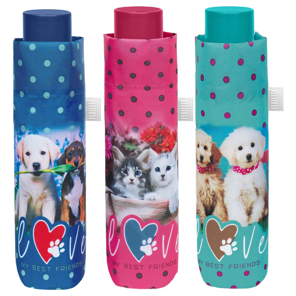 Paraguas plegables Perletti de perros y gatos con estampado de lunares