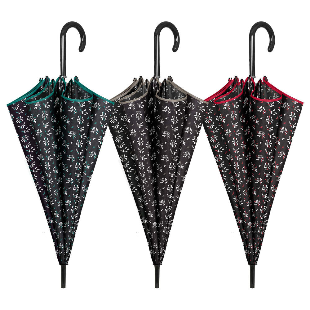 Paraguas automático PERLETTI negro con estampado floral en surtido