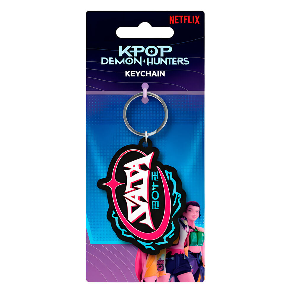 Llavero Saja Boys de KPop Demon Hunters con emblema negro, rosa y azul