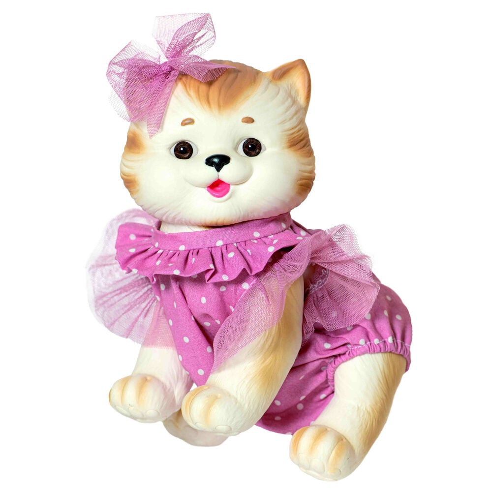 Muñeco bebé reborn gatito de vinilo con vestido rosa de lunares - 2